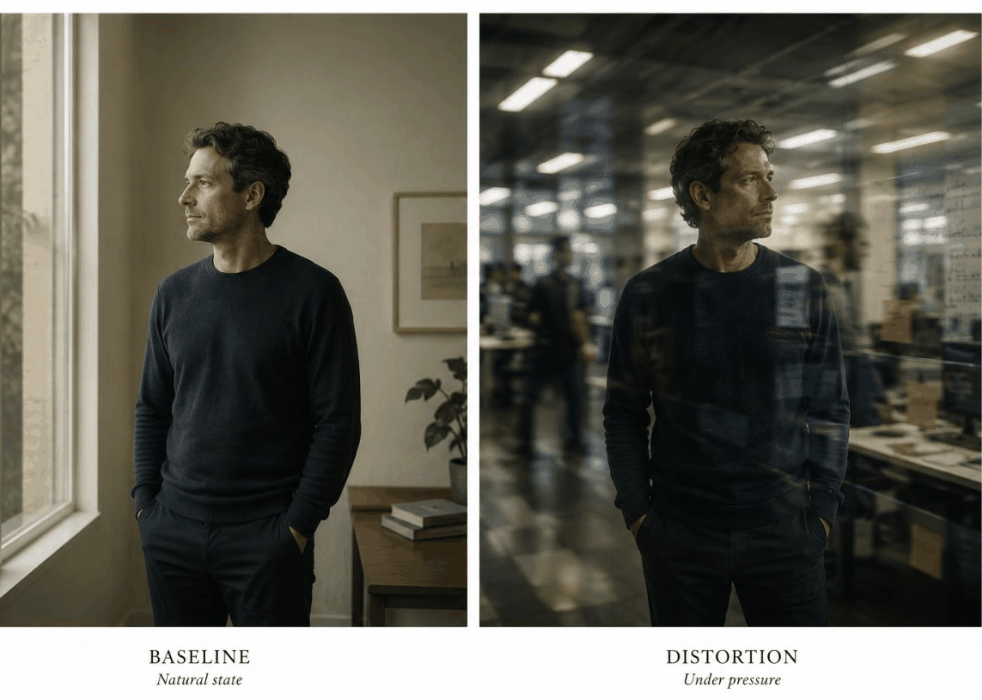 Two portraits of the same leader side by side. On the left, labeled Baseline, natural state: he stands in quiet light beside a window in a calm room. On the right, labeled Distortion, under pressure: the same man seen through office glass, his figure overlaid with reflections of a busy open-plan floor.